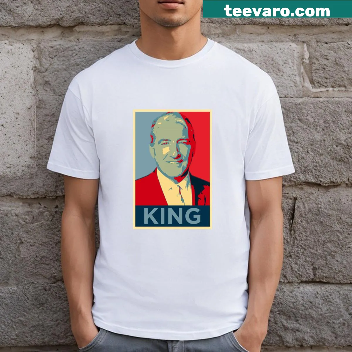 Minimalist John King text design on a T-shirt. — on a men's t-shirt