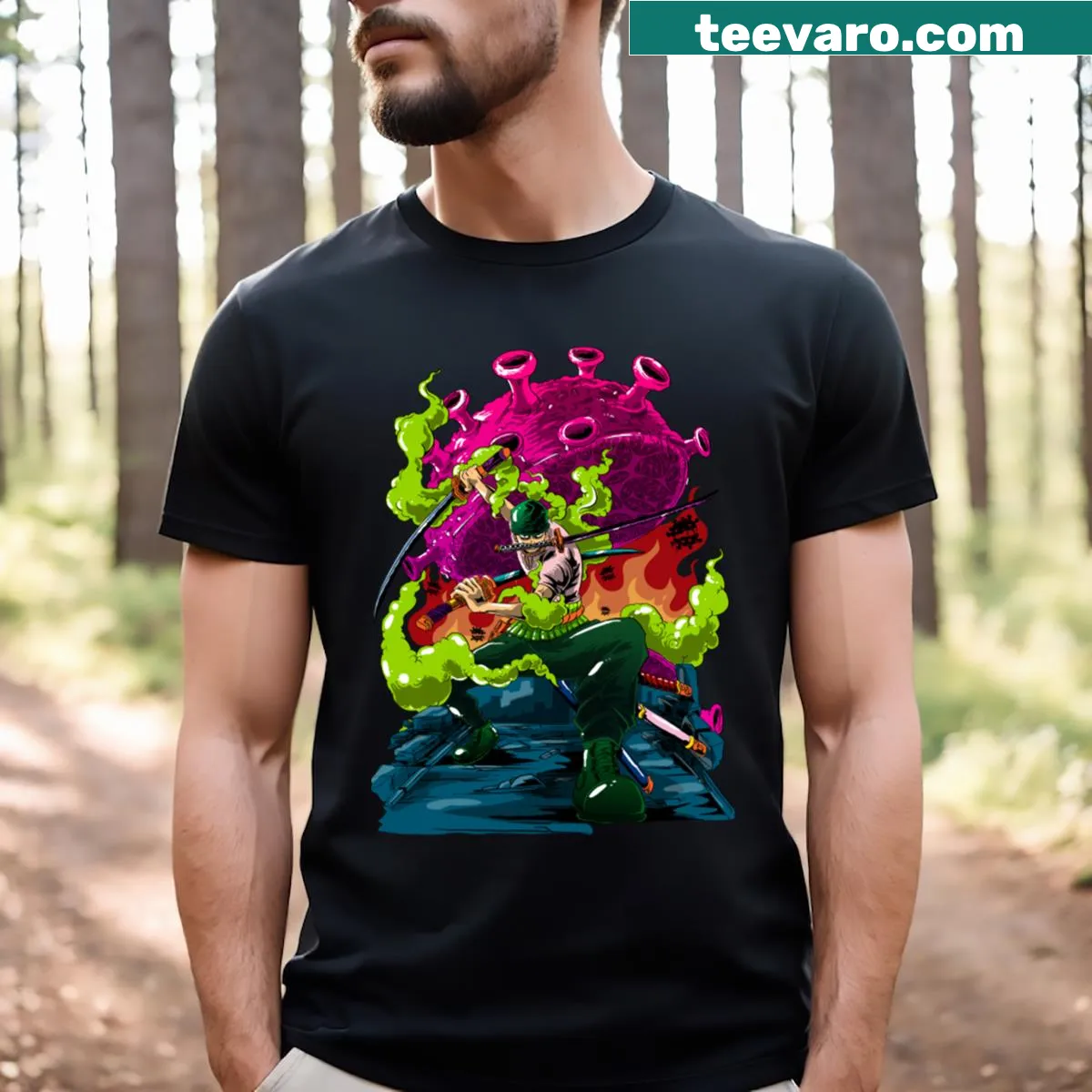 Cartoon-style T-shirt featuring Kaizoku Gari No Zoro battling viruses. — on a men's t-shirt