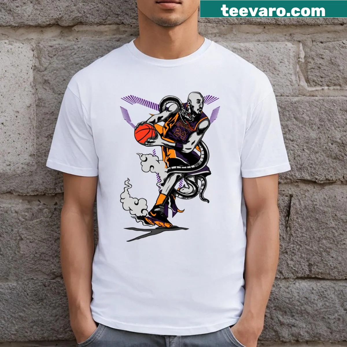 Vector art T-shirt featuring a stylized image of Kobe Bryant in action — on a men's t-shirt
