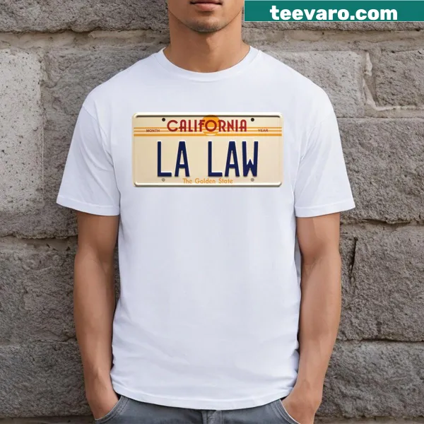 License plate design T-shirt with 'La Law' text