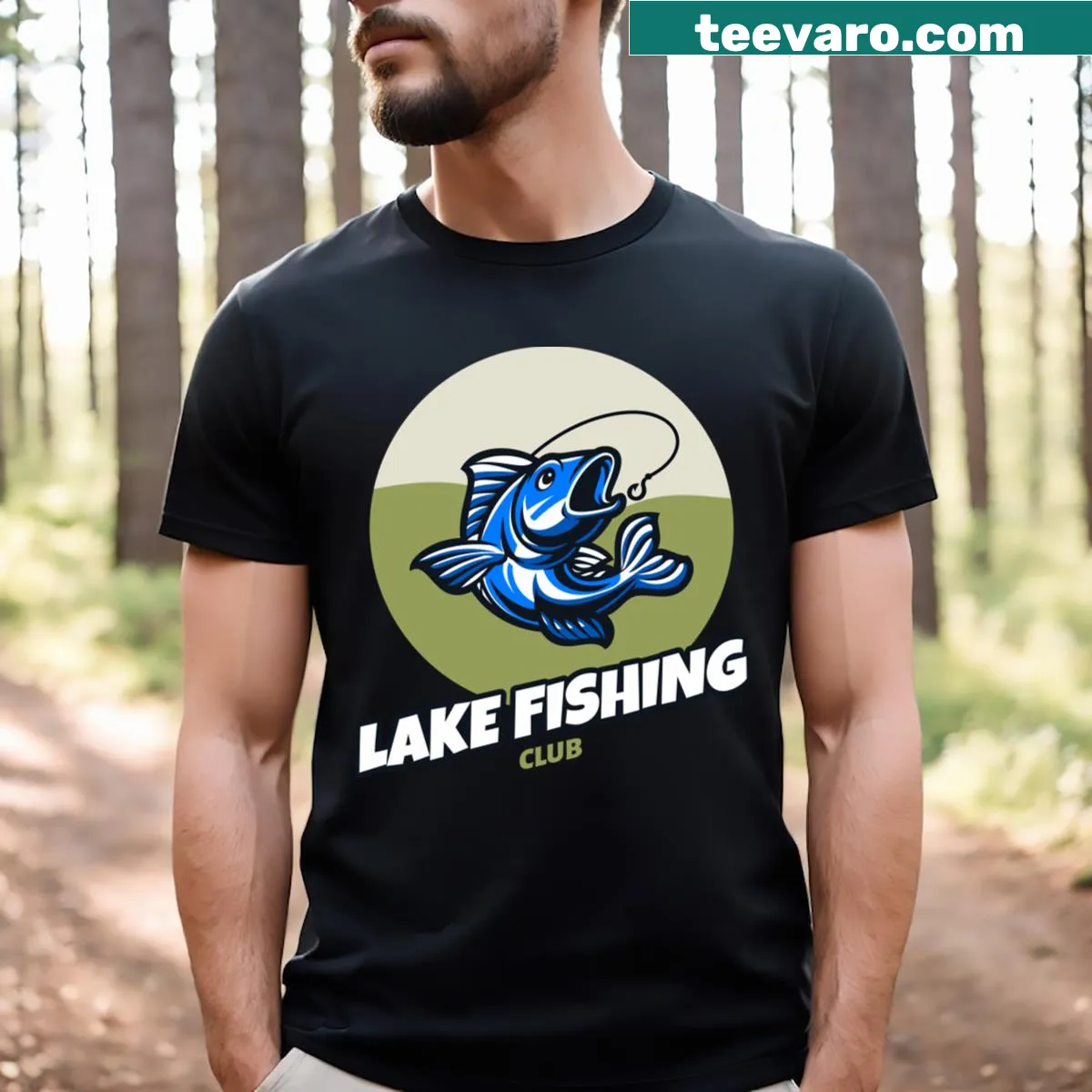 Fun fishing-themed T-shirt with lake motif — on a men's t-shirt