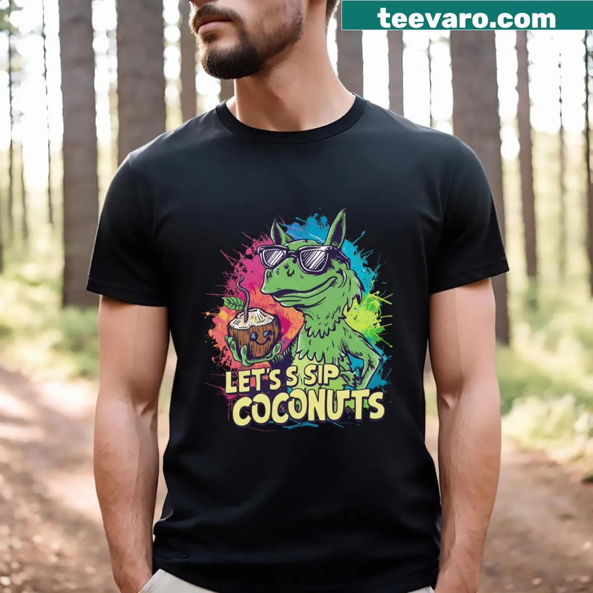 Shirt with the playful phrase Let's Sip Coconuts in a fun font — on a men's t-shirt