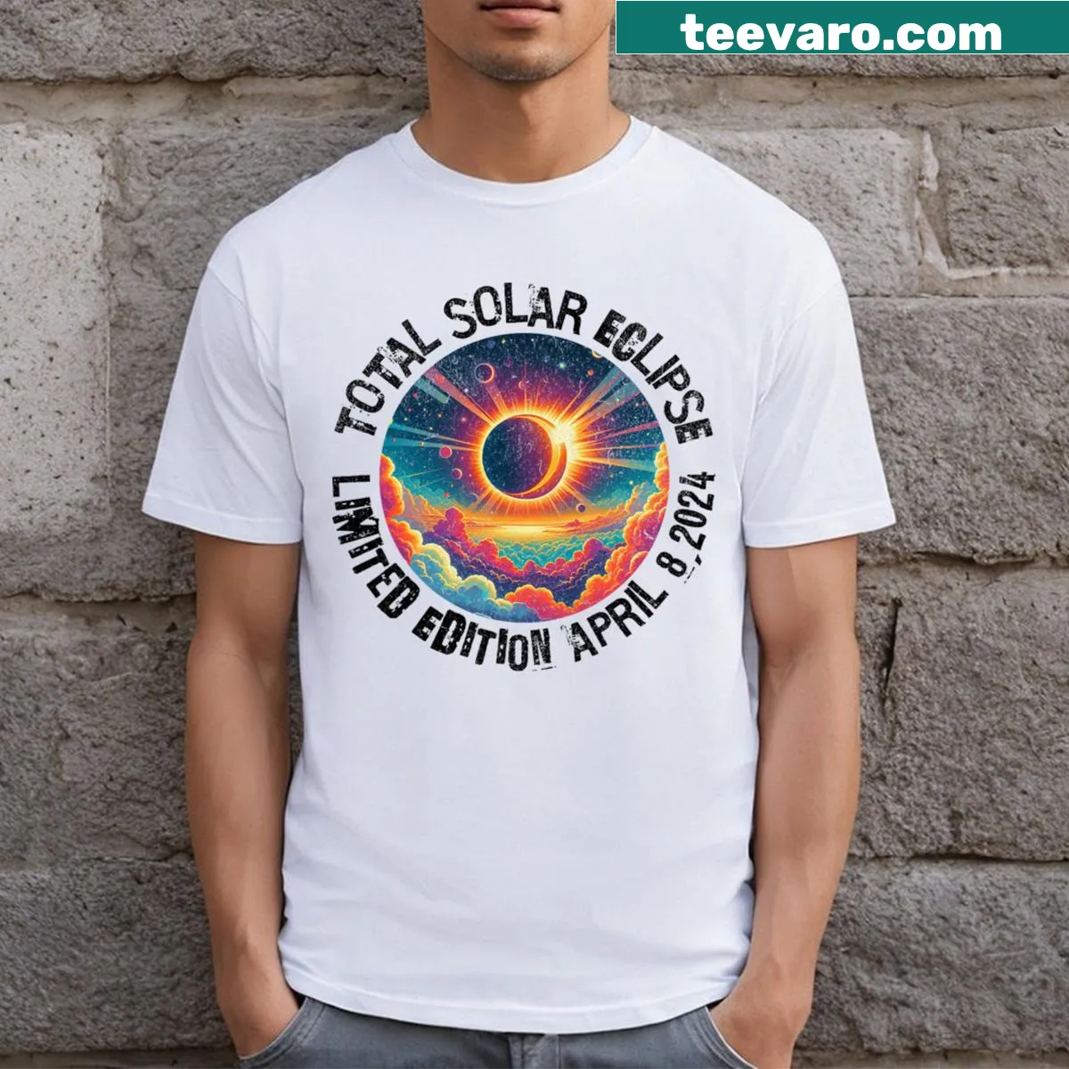Retro T-shirt celebrating Total Solar Eclipse April 8, 2024 — on a men's t-shirt