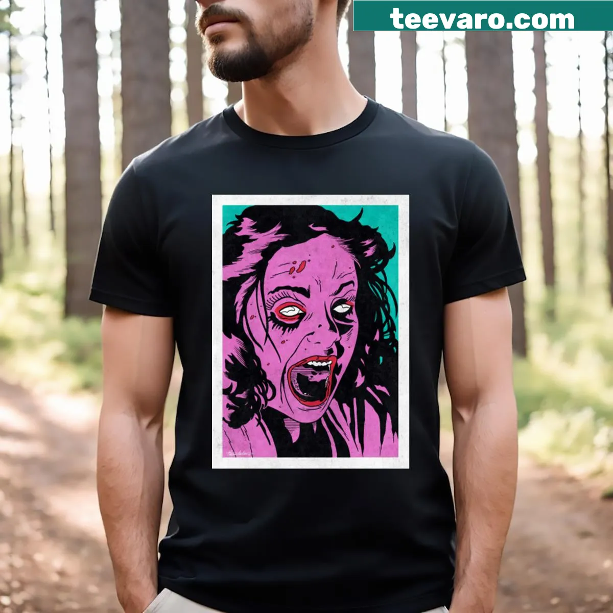 Pop art T-shirt inspired by Evil Dead series featuring graphic designs — on a men's t-shirt