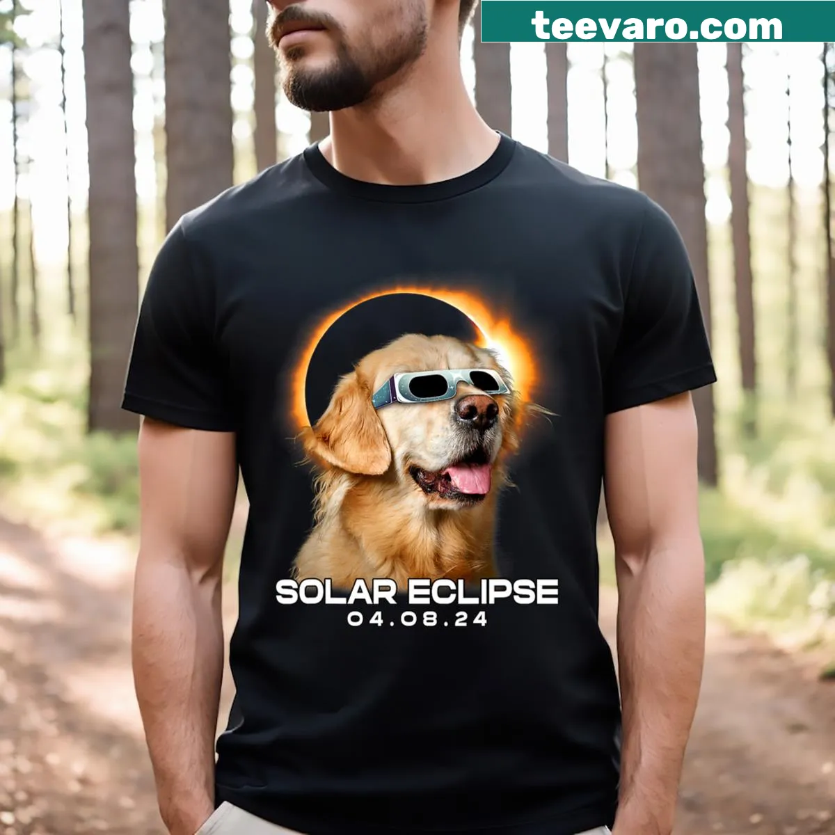 Cartoon golden retrievers enjoying a solar eclipse in a playful design — on a men's t-shirt