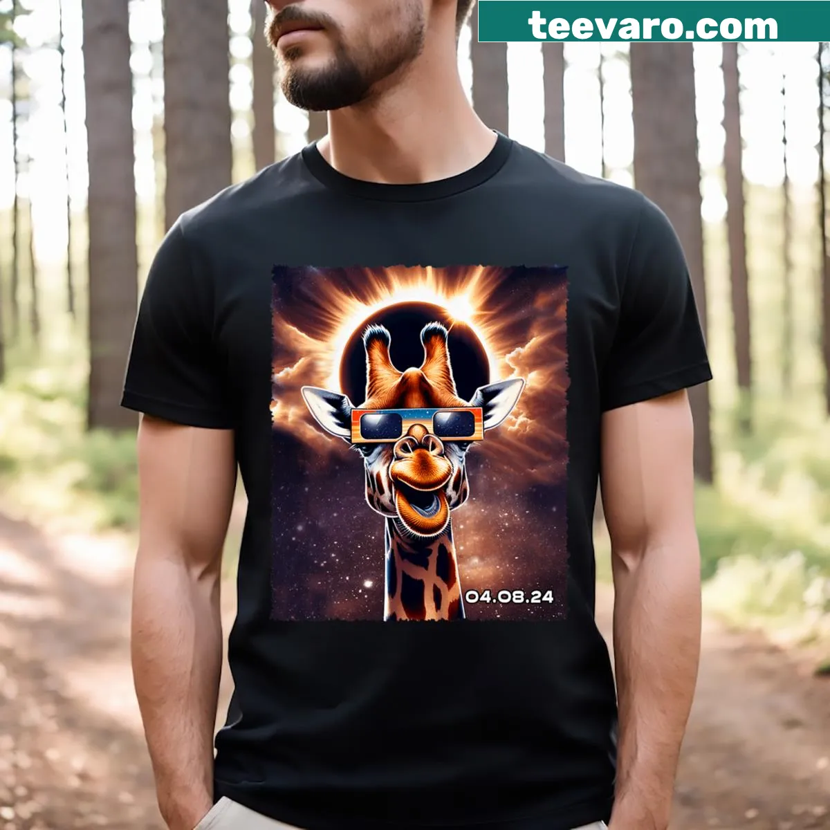 Funny cartoon giraffe watching a solar eclipse in a playful design — on a men's t-shirt