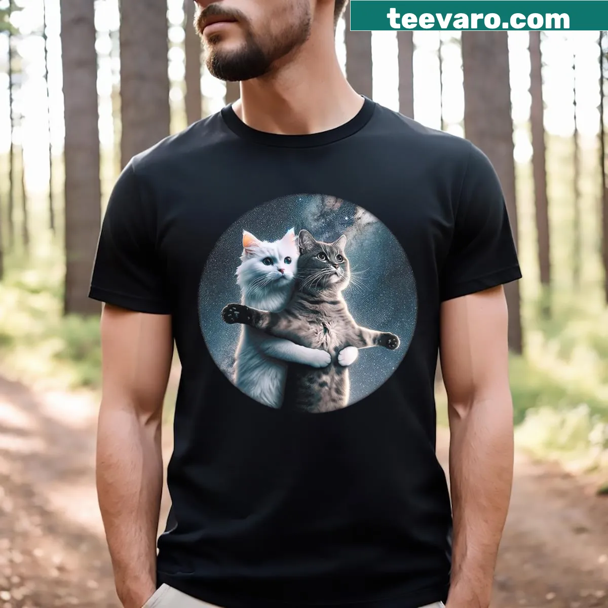Cartoon cat in space with Titanic theme in a whimsical design — on a men's t-shirt