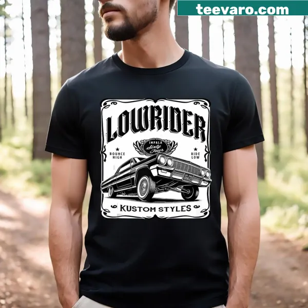 Retro graphic tee featuring a lowrider Impala design celebrating Chicano culture