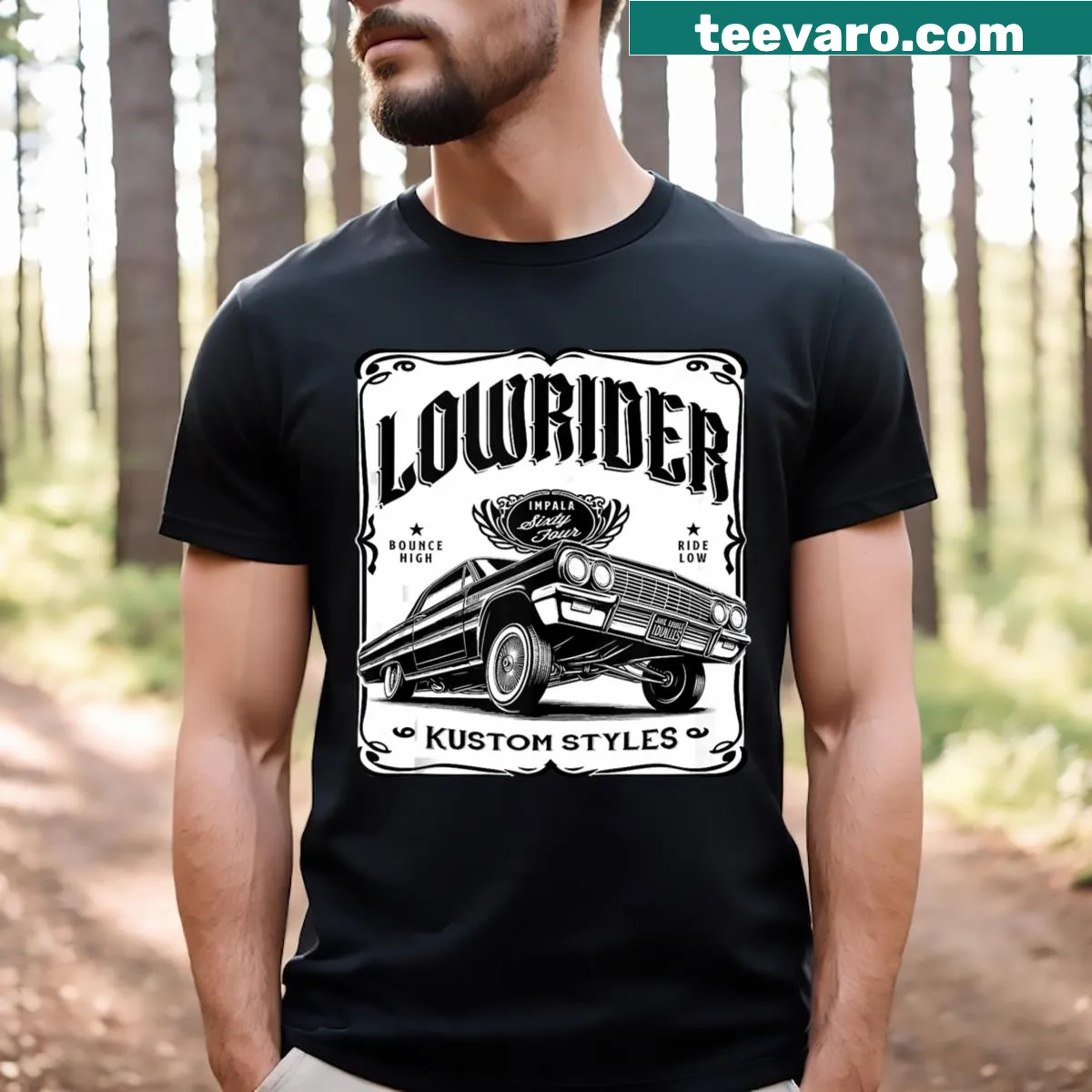 Retro graphic tee featuring a lowrider Impala design celebrating Chicano culture — on a men's t-shirt