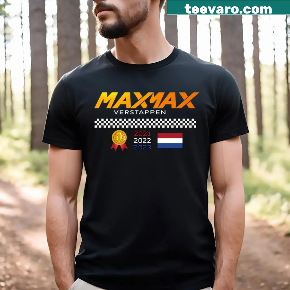Max Verstappen F1 t-shirt with dynamic racing graphic — on a men's t-shirt