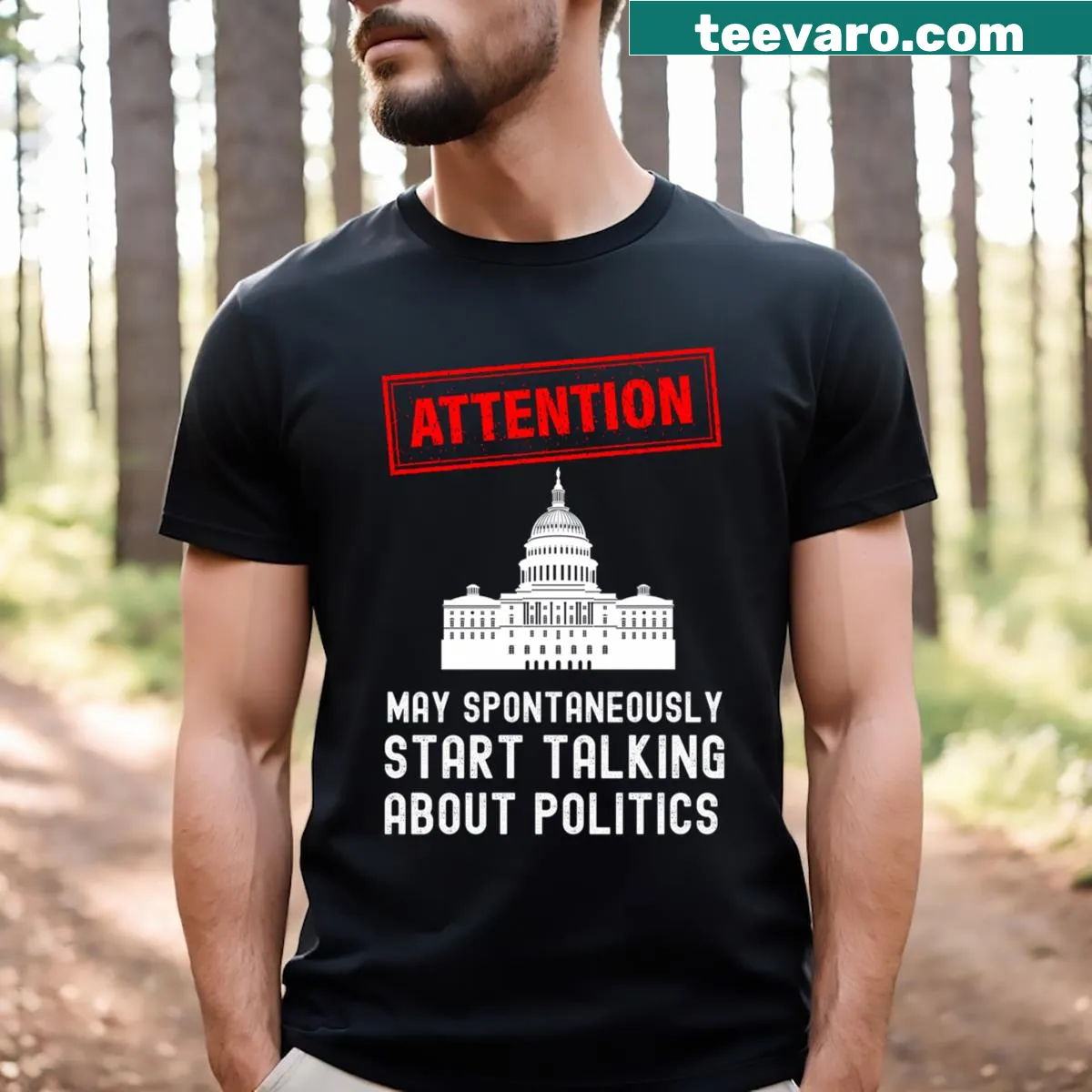 Funny political discussion themed T-shirt — on a men's t-shirt