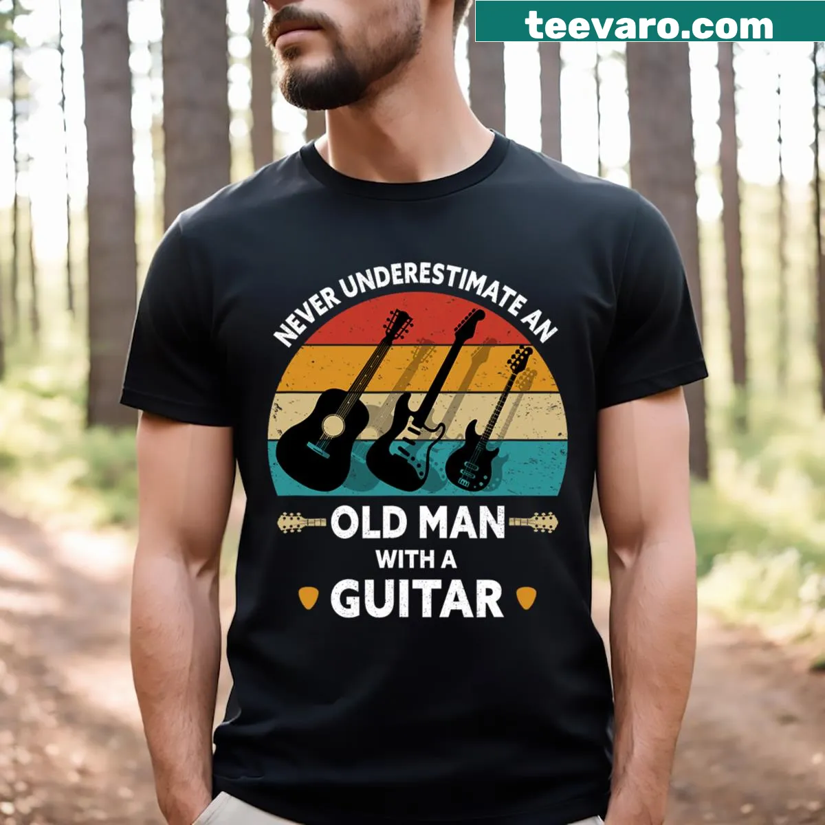 T-shirt with 'Never Underestimate An Old Man With A Guitar' text — on a men's t-shirt