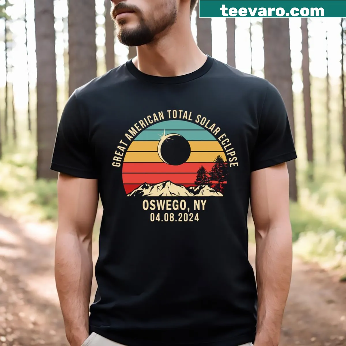 Oswego NY Total Solar Eclipse 2024 T-shirt with bold text design — on a men's t-shirt