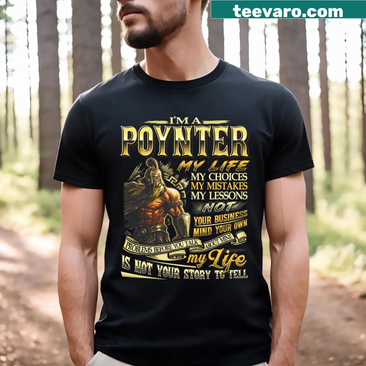 Family name T-shirt featuring Poynter last name in a stylish design — on a men's t-shirt
