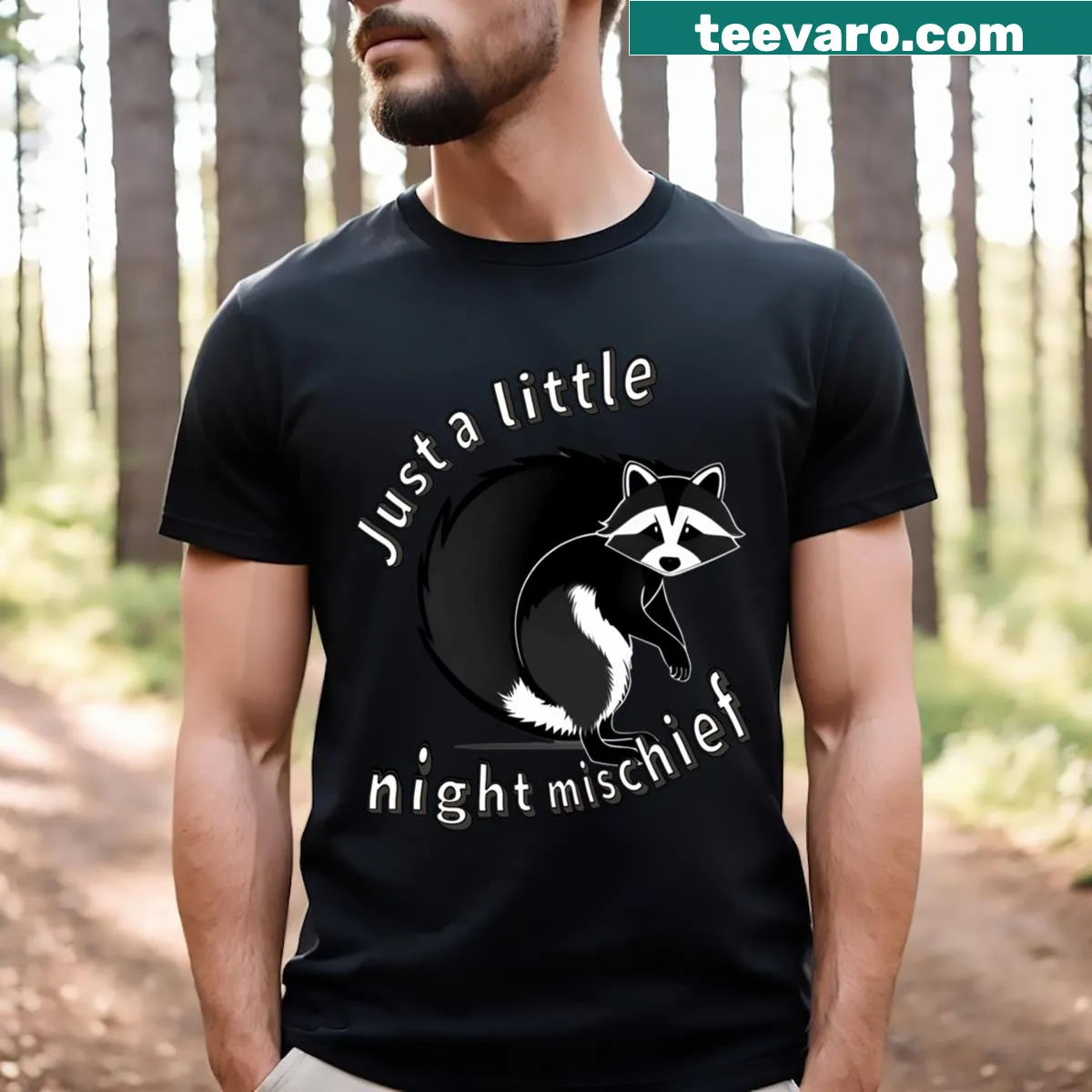 Quirky raccoon design on a fun night mischief T-shirt — on a men's t-shirt