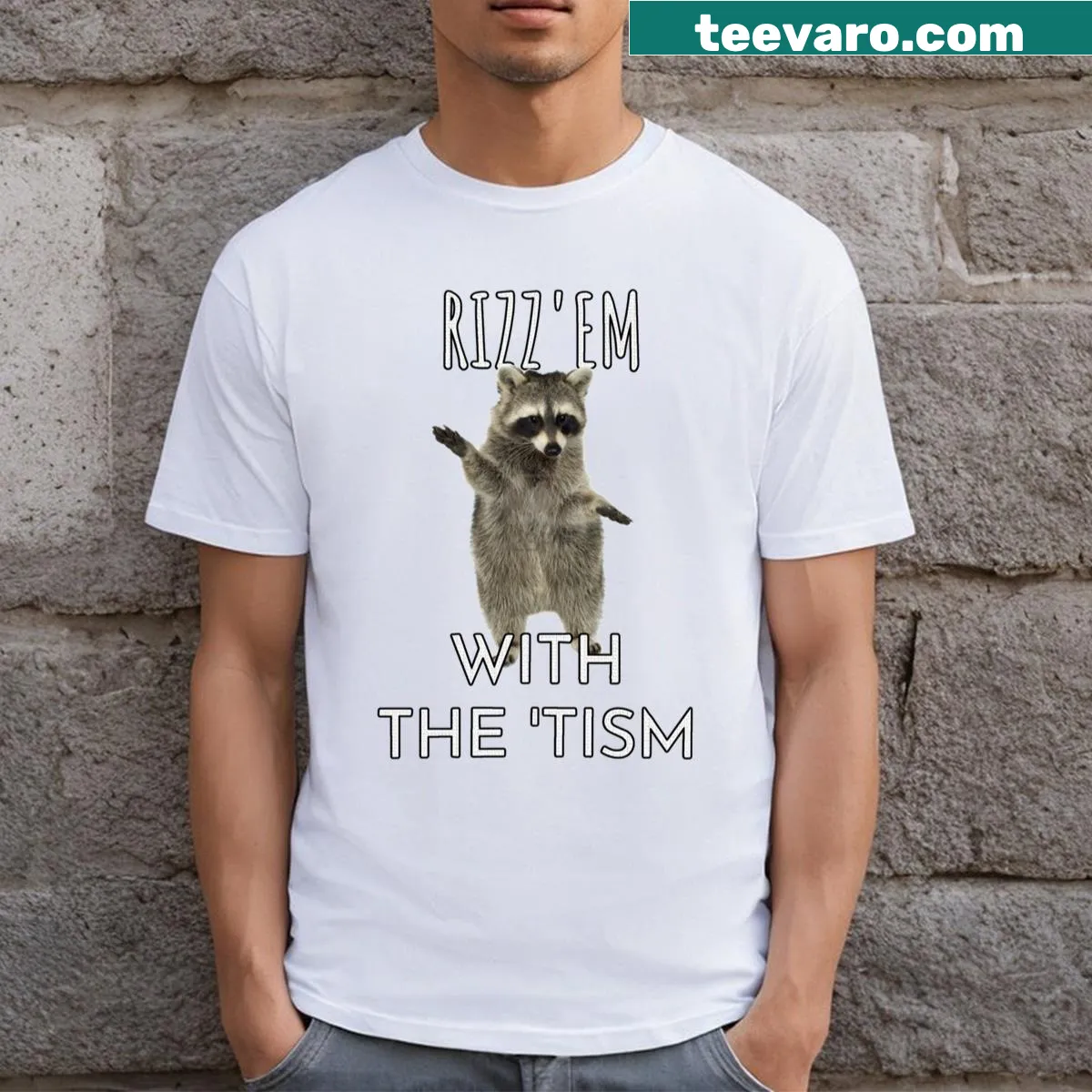 Funny t-shirt with the phrase 'Rizz Em With The Tism' — on a men's t-shirt