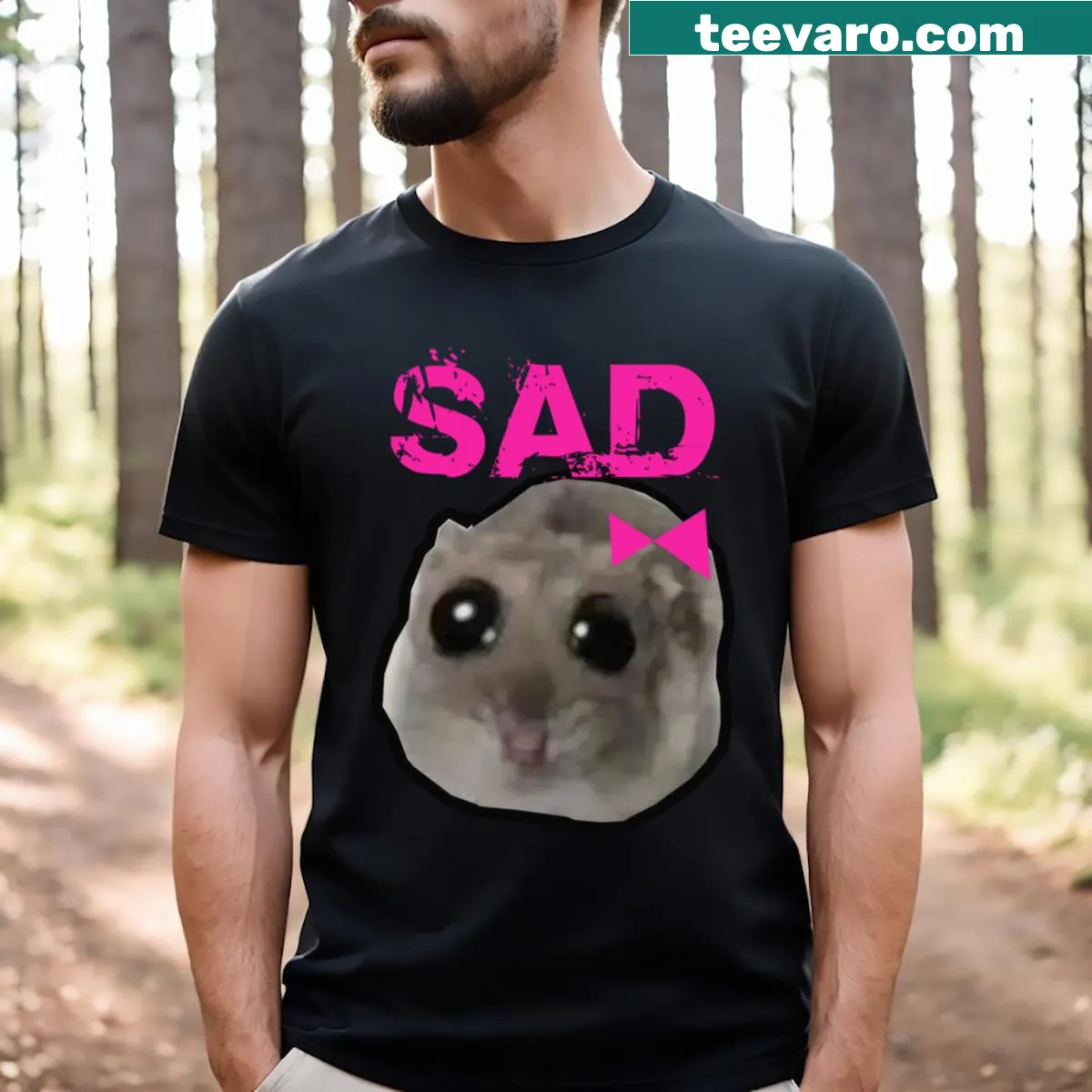 Cartoon sad hamster meme illustration on a humorous t-shirt — on a men's t-shirt