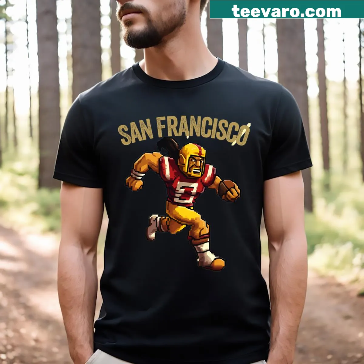 San Francisco vintage pixel art t-shirt featuring iconic skyline — on a men's t-shirt