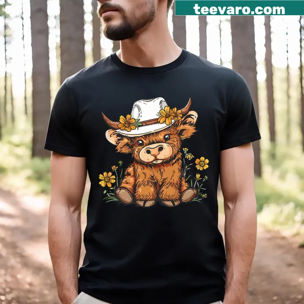 Cute Highland Cow t-shirt with floral design