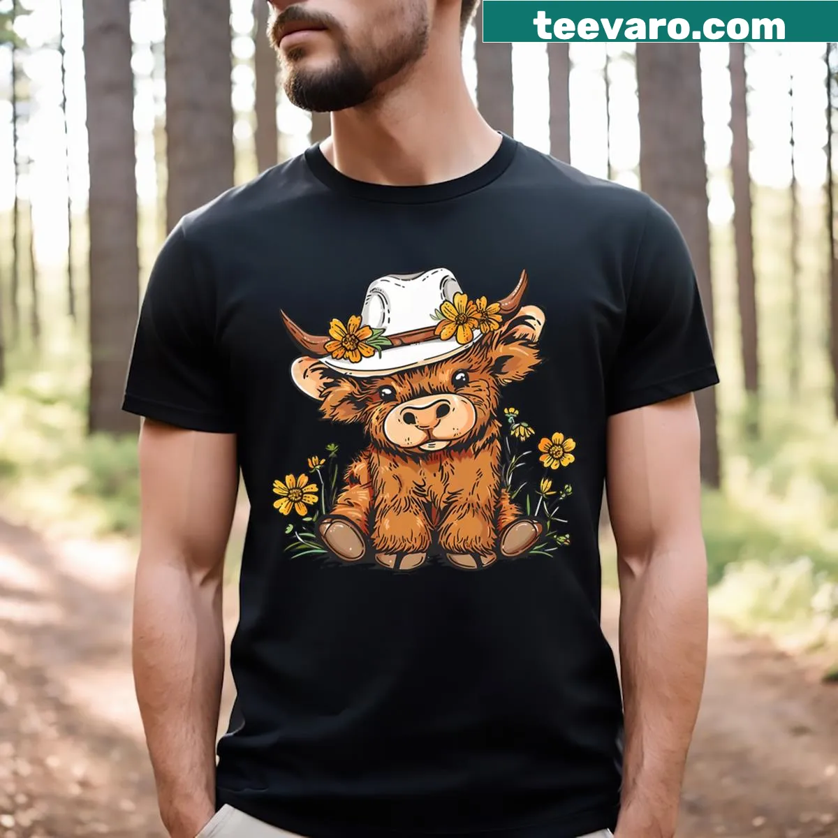 Cute Highland Cow t-shirt with floral design — on a men's t-shirt