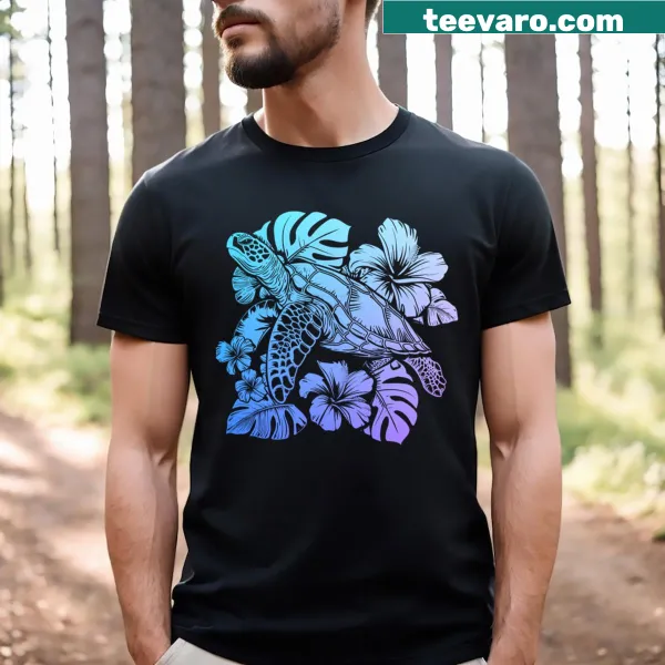 Sea turtle t-shirt with Hawaiian flowers and diving theme