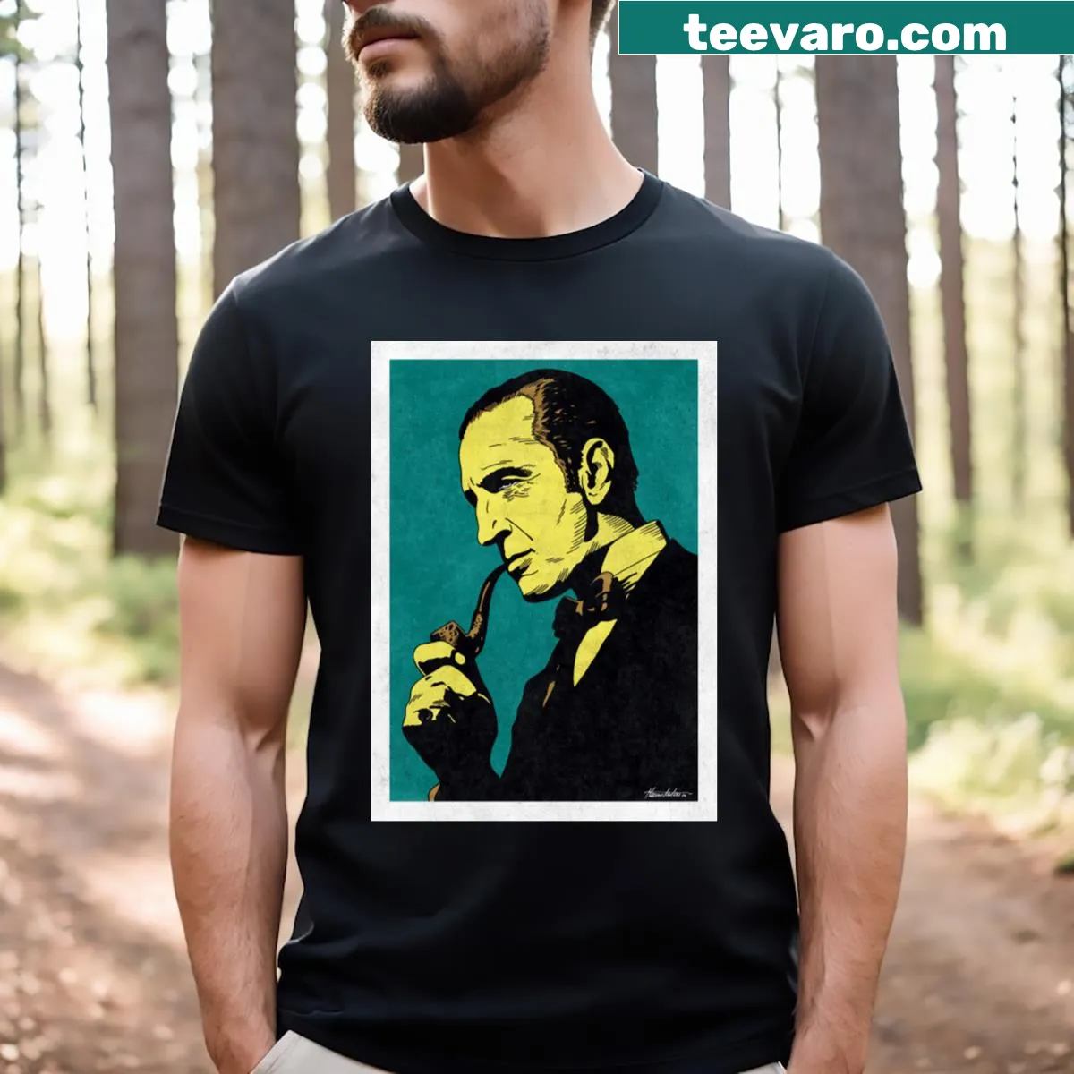 Pop art style Sherlock Holmes T-shirt with bold graphic — on a men's t-shirt