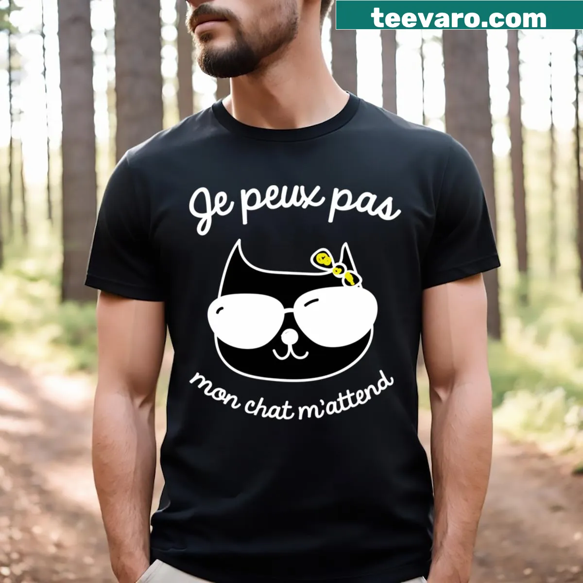 T-shirt featuring an illustration of a playful black cat — on a men's t-shirt