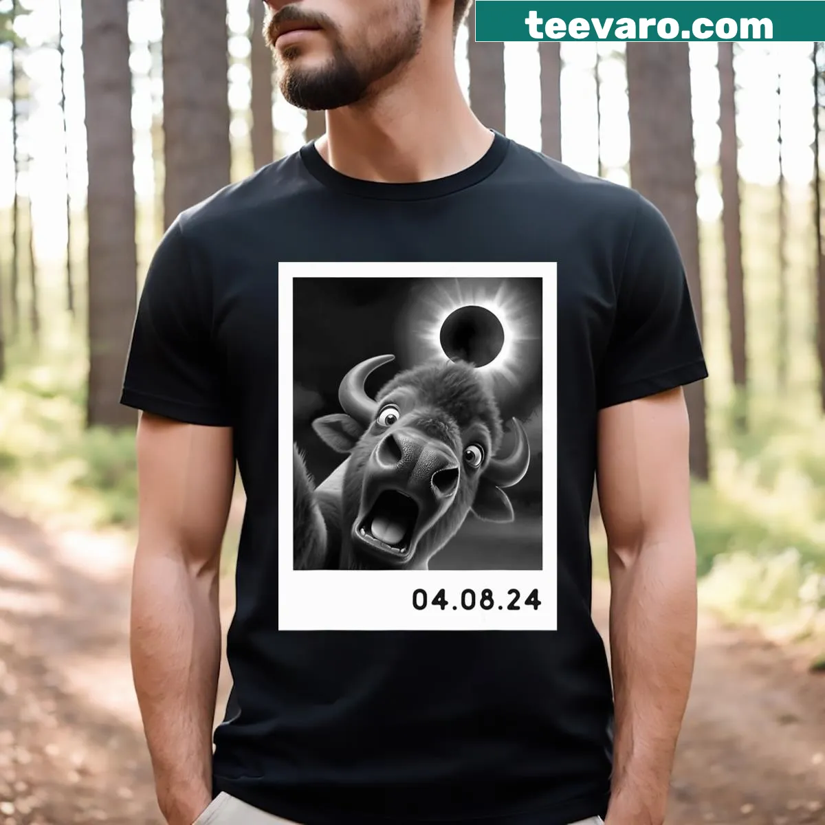 Cartoon bison taking a selfie during a solar eclipse graphic t-shirt — on a men's t-shirt
