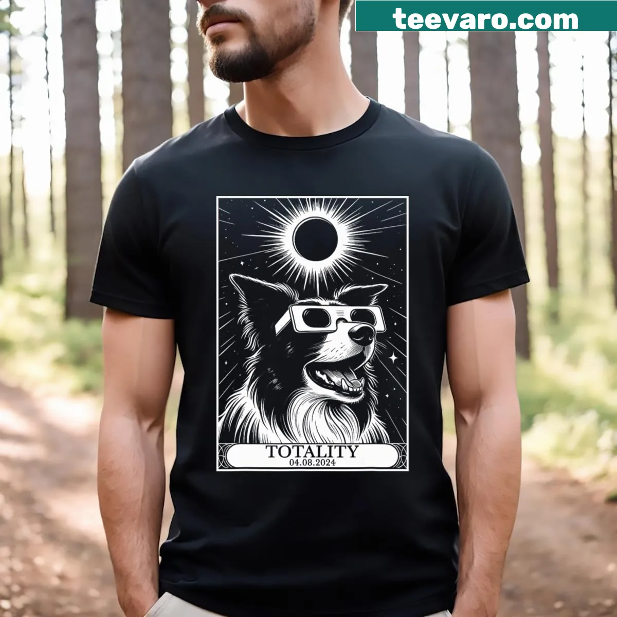 Illustration of a Border Collie surrounded by tarot card designs — on a men's t-shirt