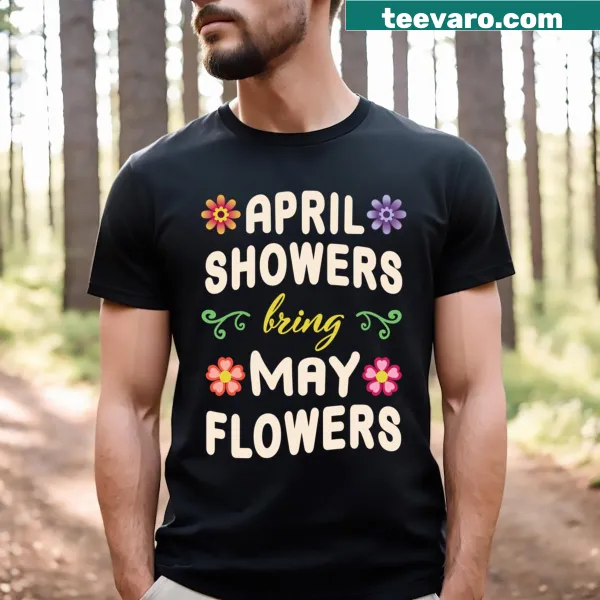 Spring-themed t-shirt featuring flowers and raindrops illustration
