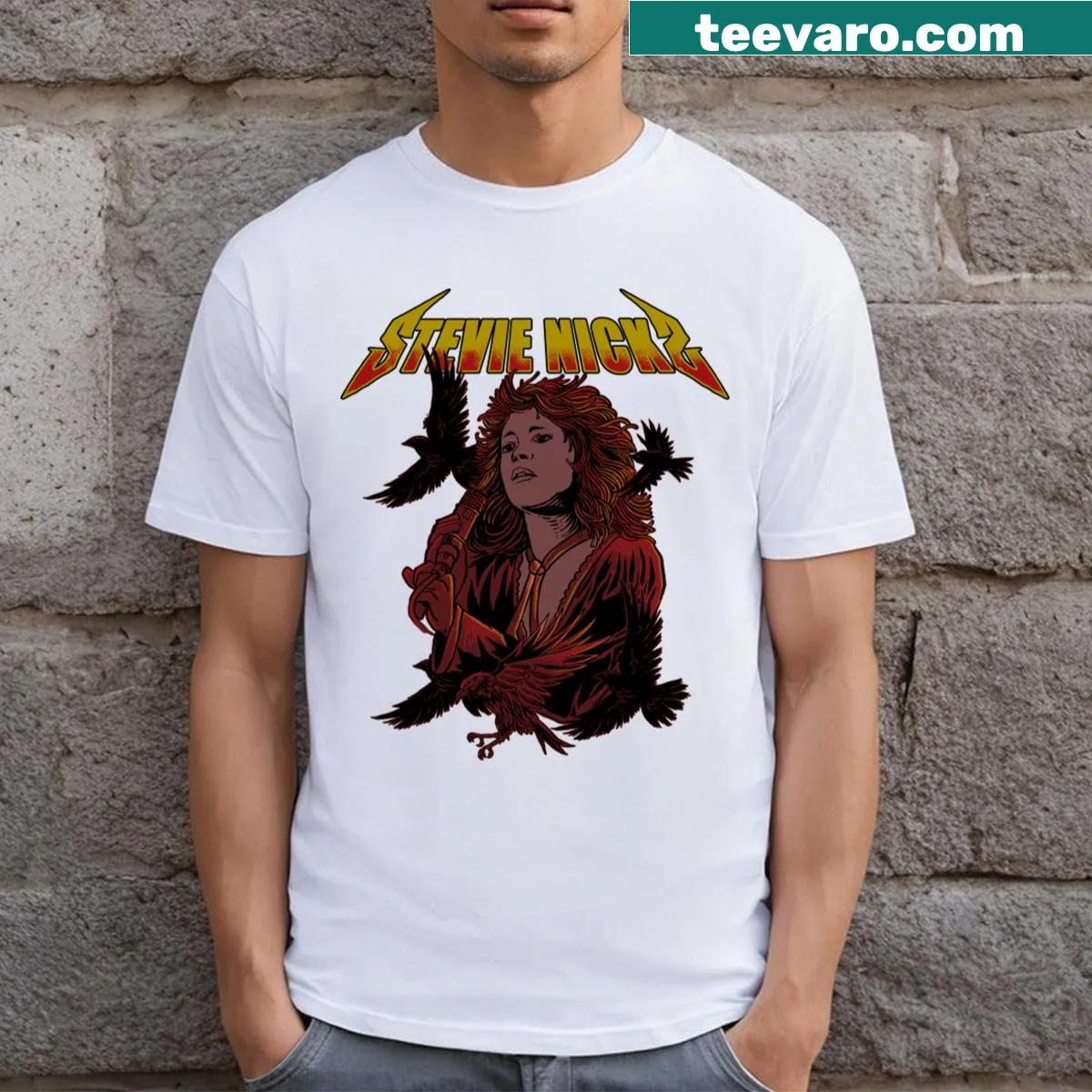 T-shirt honoring Stevie Nicks with vintage-style design elements. — on a men's t-shirt