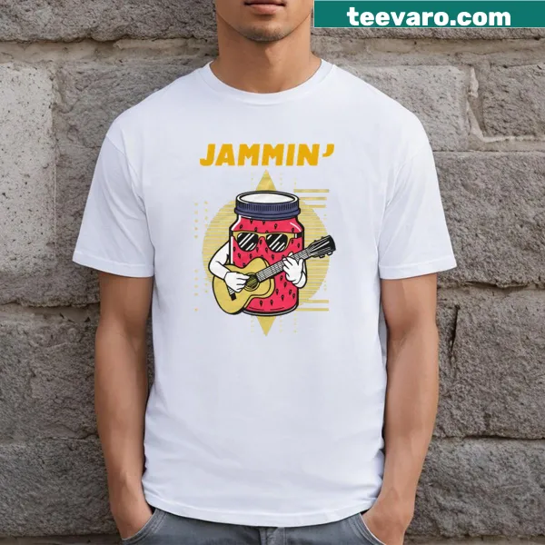 Cartoon strawberry with musical notes on a t-shirt