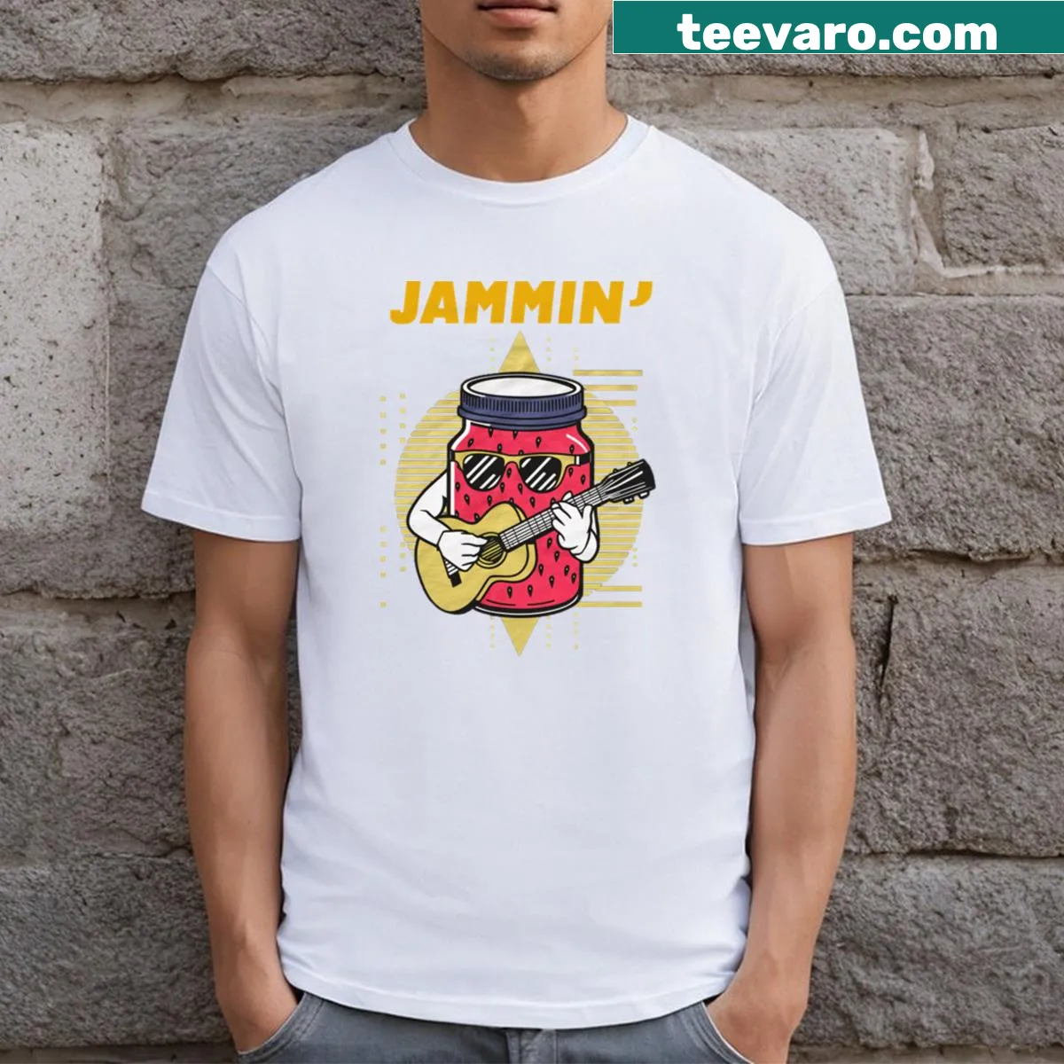Cartoon strawberry with musical notes on a t-shirt — on a men's t-shirt
