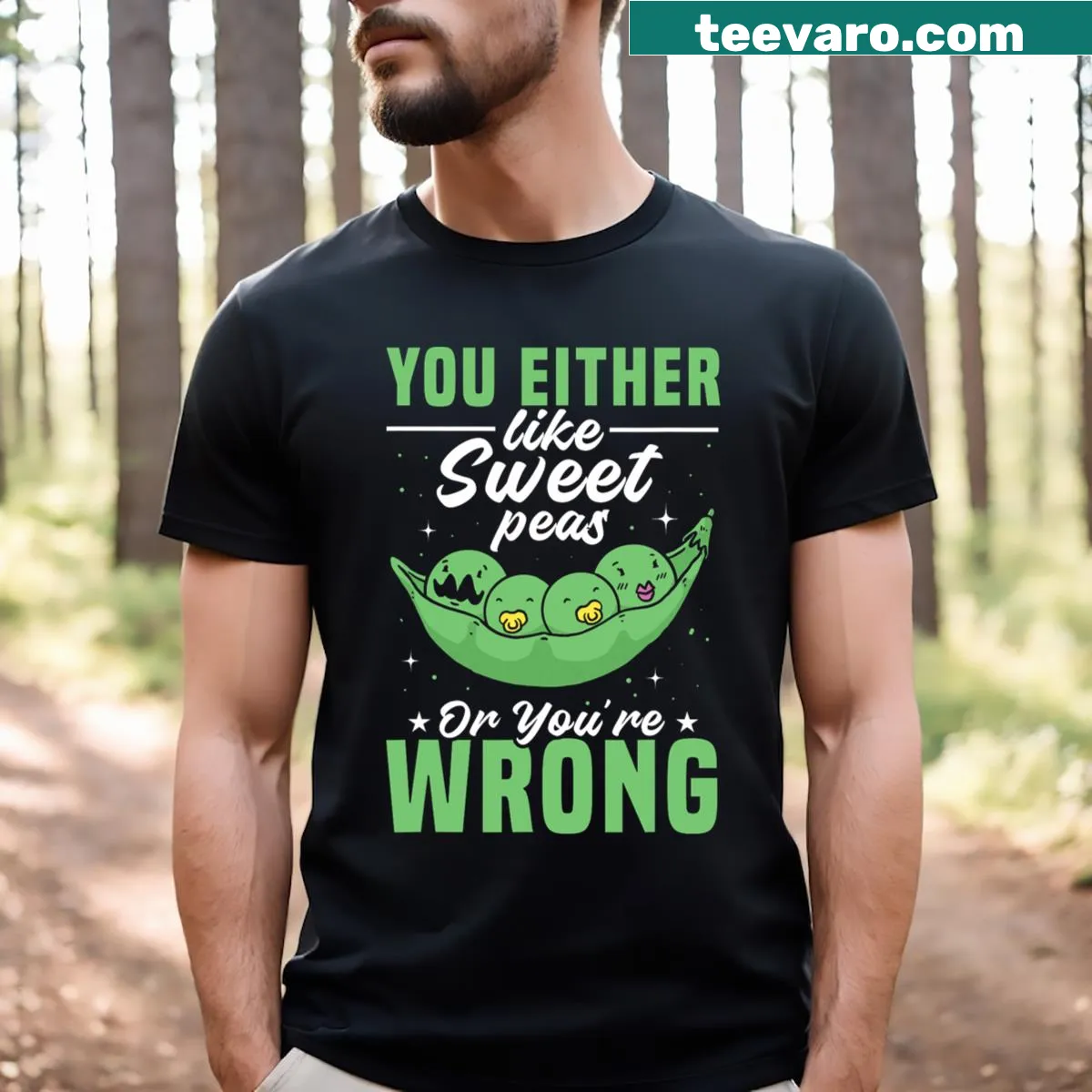 Cartoon gardener with sweet peas on T-shirt — on a men's t-shirt