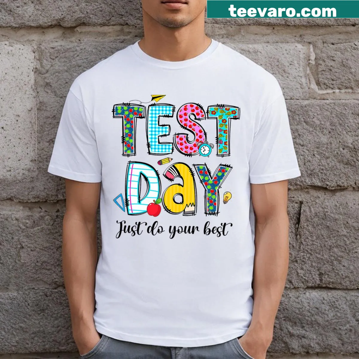 Motivational T-shirt with 'Just Do Your Best' for test days — on a men's t-shirt