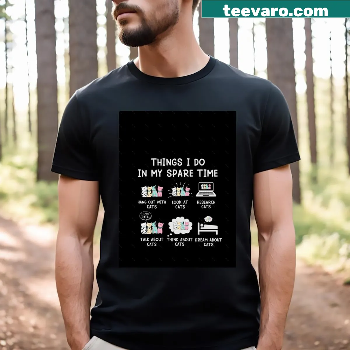 Graphic t-shirt featuring illustrations of cat-related spare time activities — on a men's t-shirt