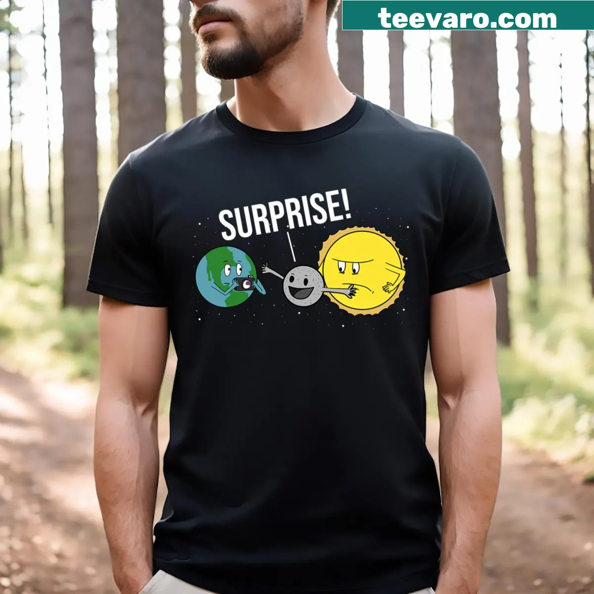 Funny T-shirt with cartoon of moon covering the sun for eclipse — on a men's t-shirt