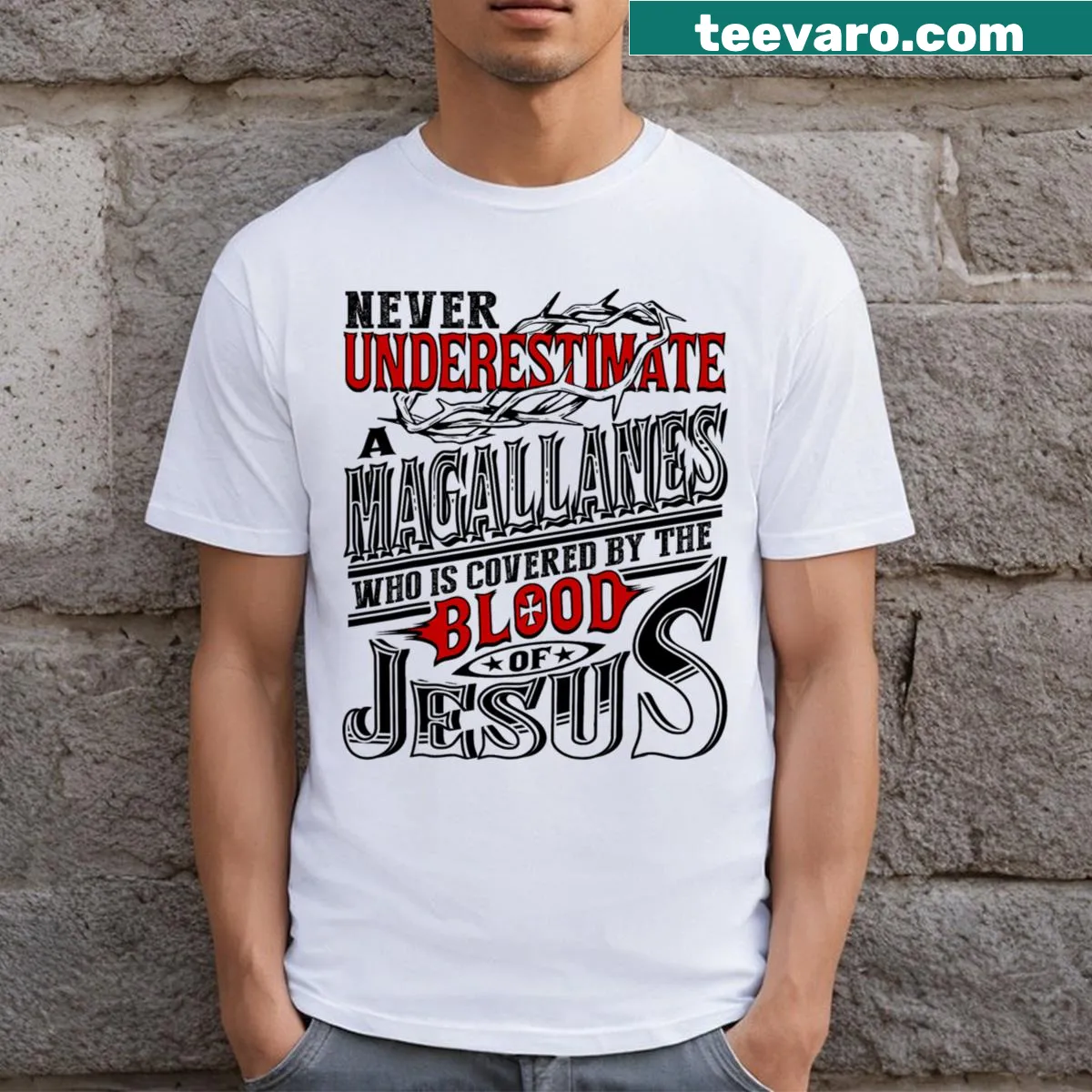 Stylish T-shirt featuring the Magallanes family name in a bold graphic — on a men's t-shirt