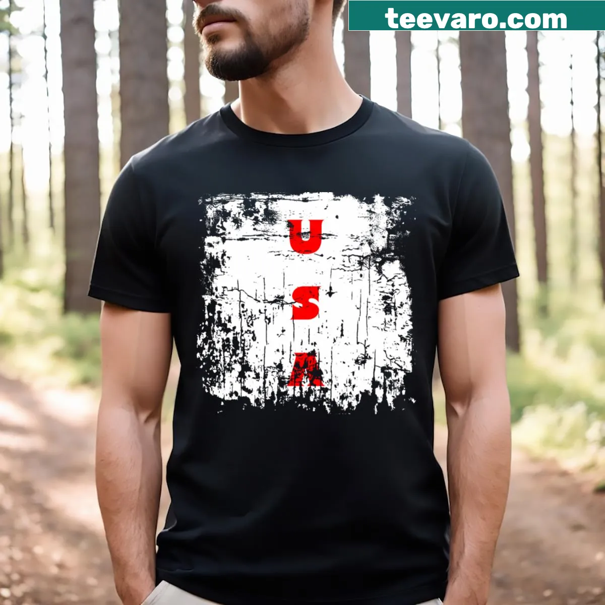Minimalist t-shirt with faded USA initials for a subtle patriotic look. — on a men's t-shirt