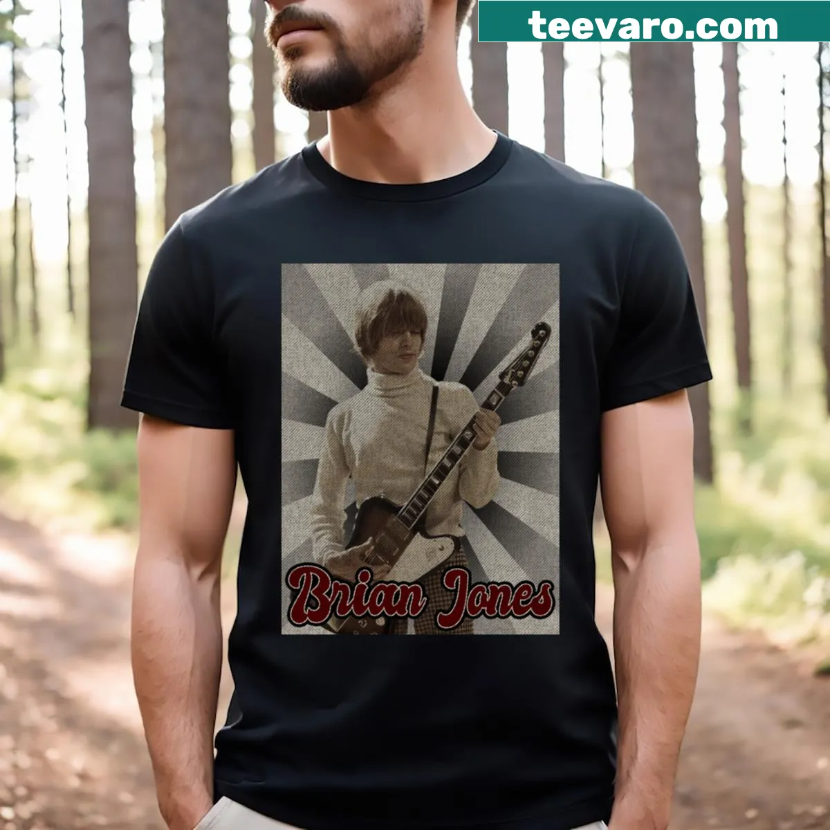 Vintage Brian Jones T-shirt featuring a classic portrait of the musician. — on a men's t-shirt