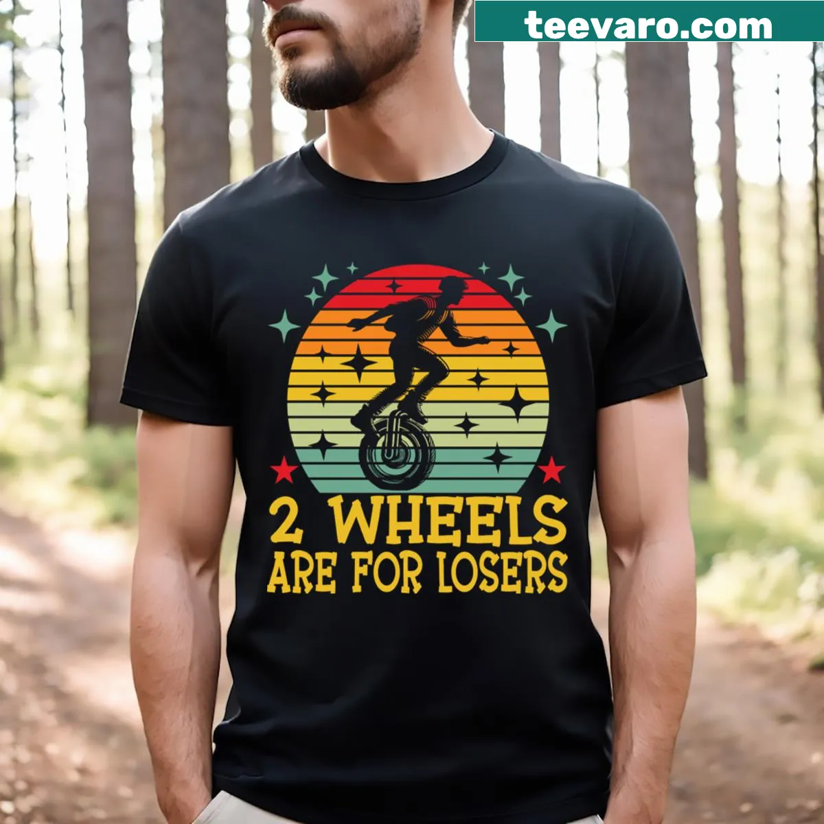 Vintage Electric Unicycle T-shirt with cartoon-style graphic of a monowheel. — on a men's t-shirt
