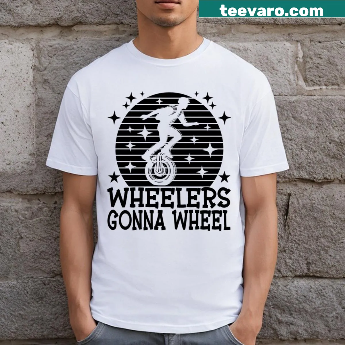Cartoon T-shirt celebrating electric unicycles with a playful design. — on a men's t-shirt