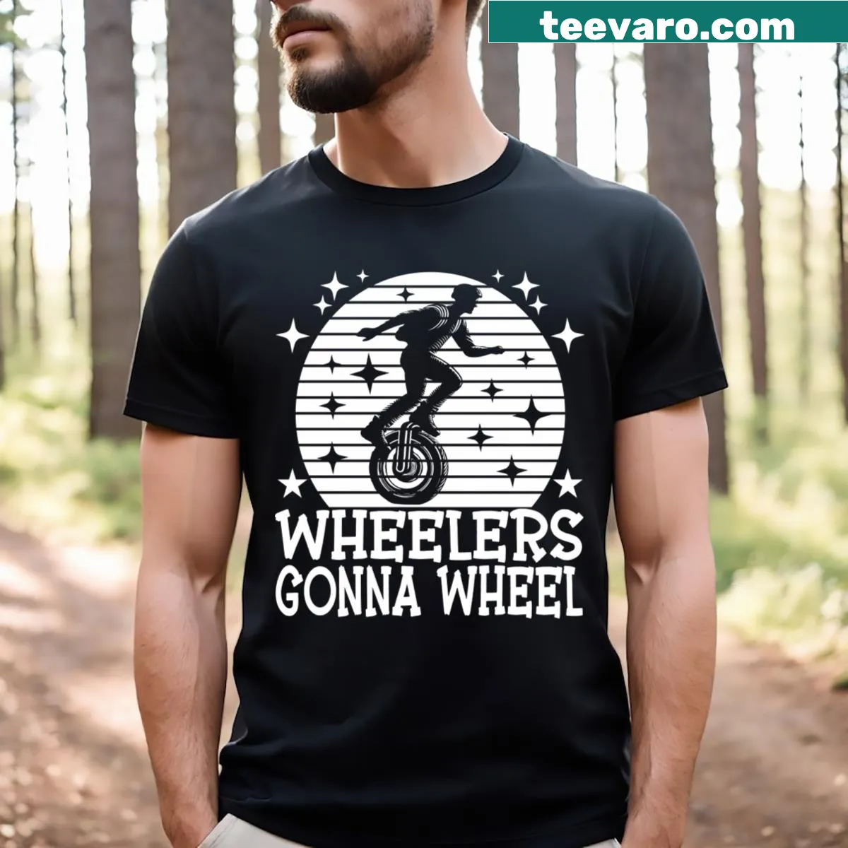 Cute cartoon graphic on electric unicycle t-shirt for EUC enthusiasts — on a men's t-shirt