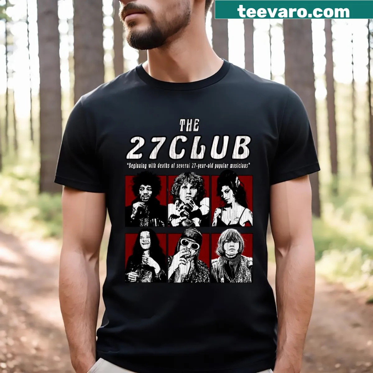 Vintage 27 Club tribute t-shirt with faded graphics — on a men's t-shirt