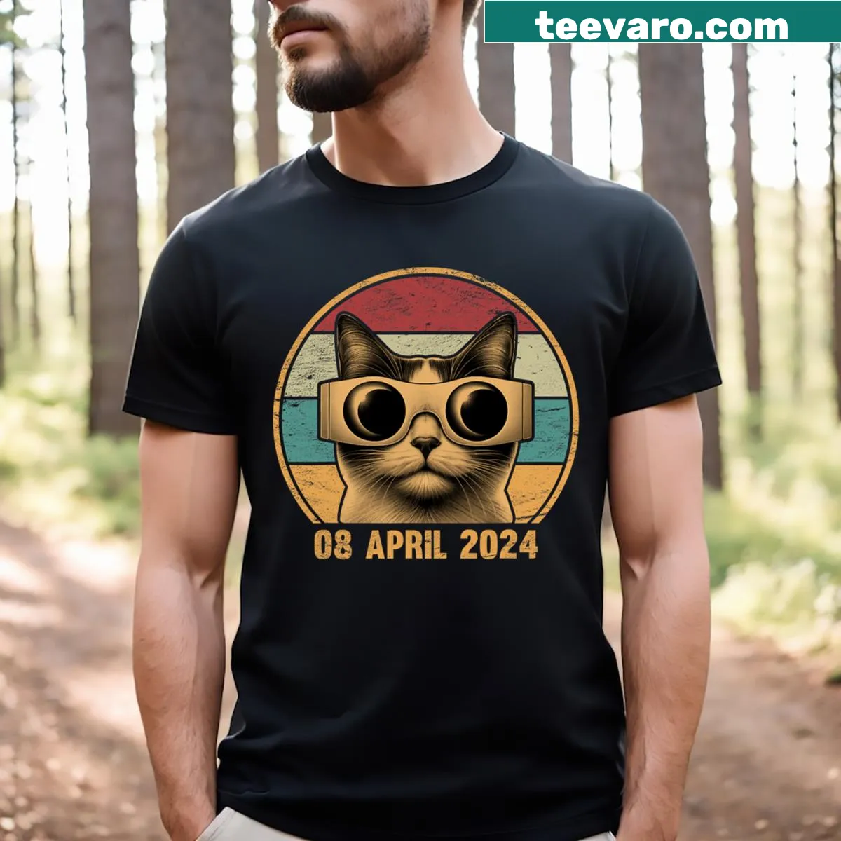 Cat wearing eclipse glasses for the 2024 solar eclipse — on a men's t-shirt