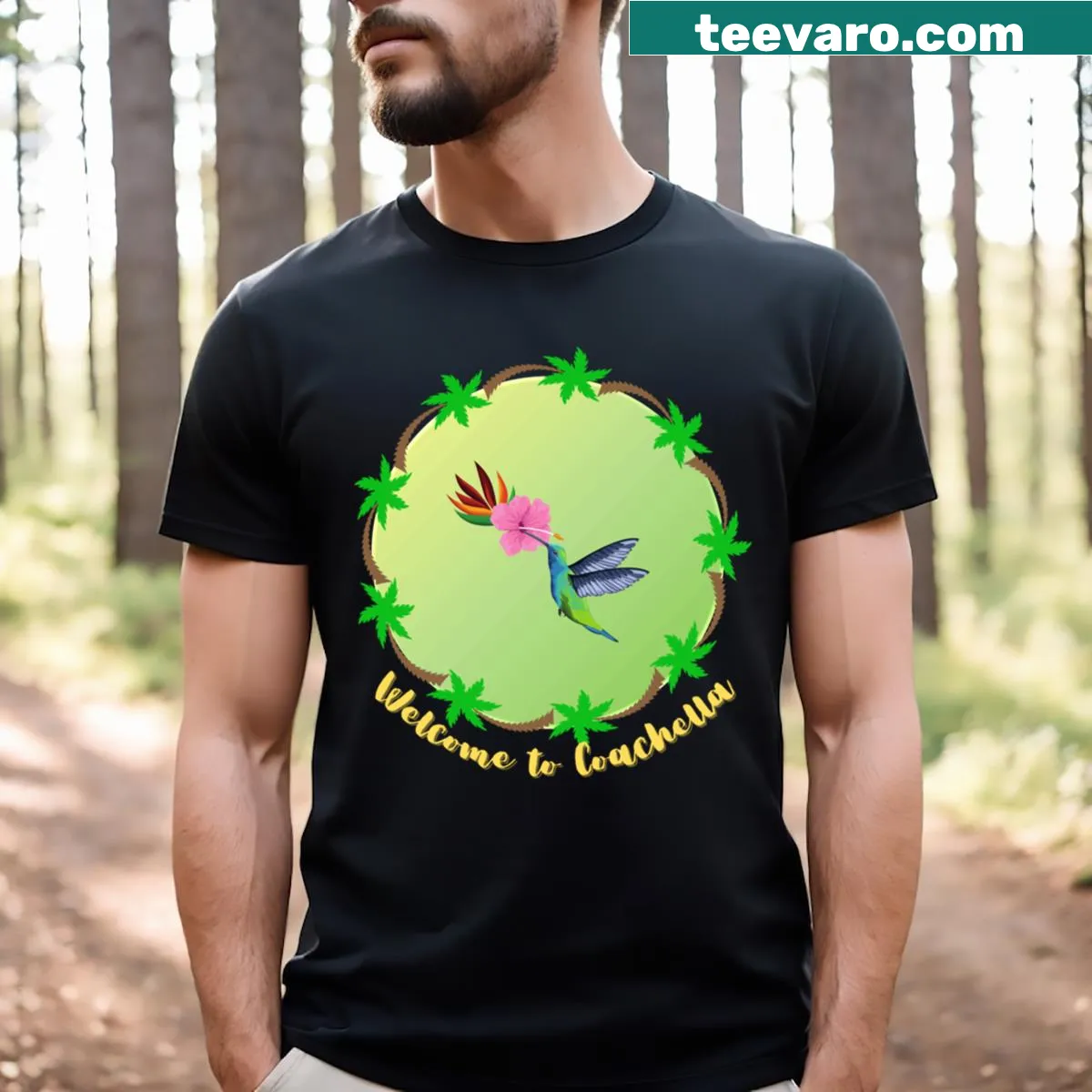 Welcoming graphic for Coachella festival on a T-shirt — on a men's t-shirt