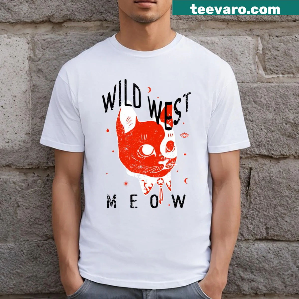 Cool cat in cowboy attire t-shirt design — on a men's t-shirt