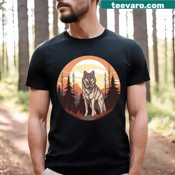 Kids T-shirt featuring an illustrated wolf in a forest