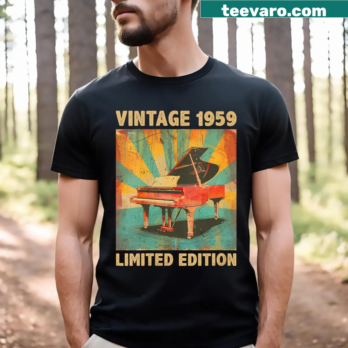 Vintage birthday T-shirt for a piano lover turning 65 in 1959 — on a men's t-shirt