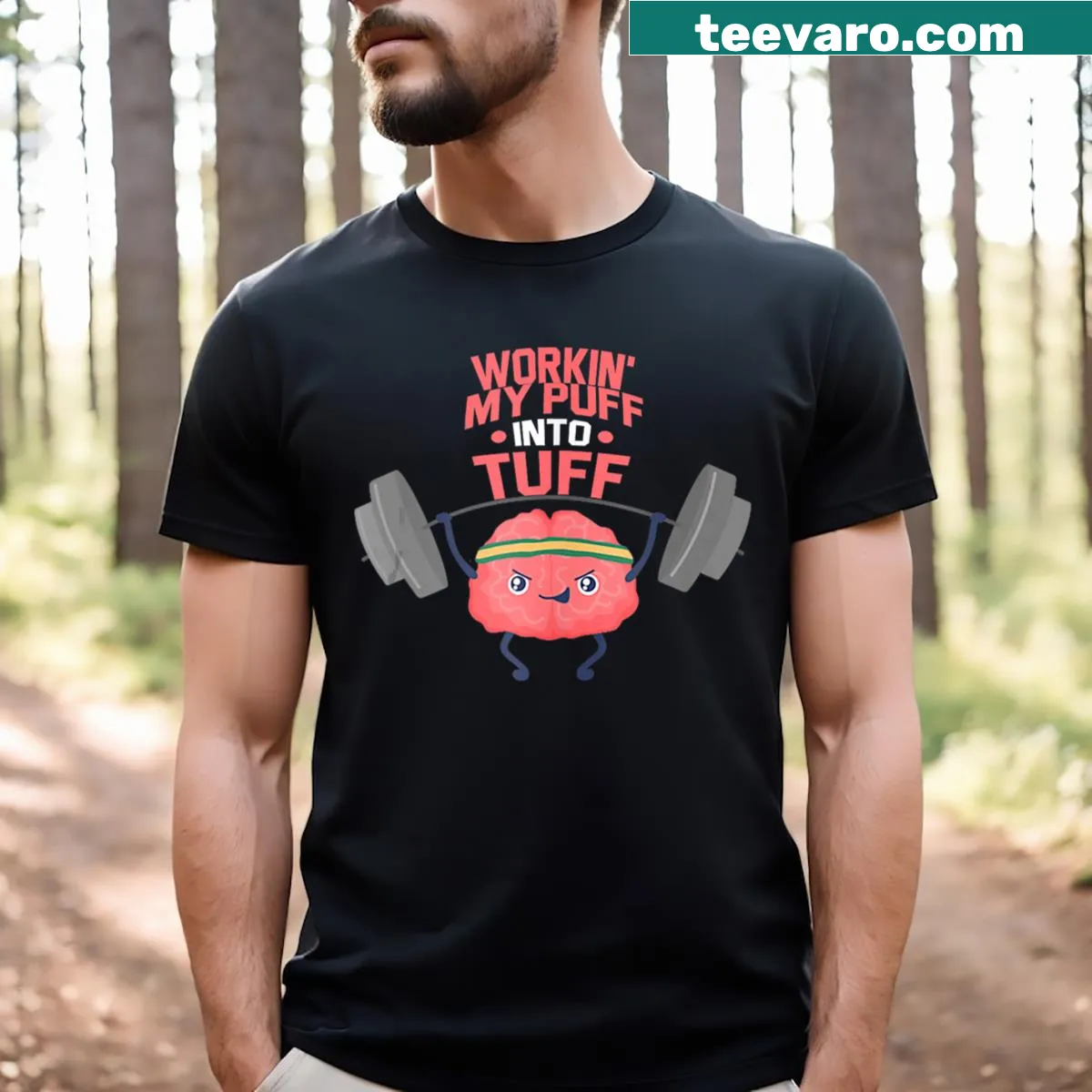 Funny gym t-shirt with cartoon character and motivational text — on a men's t-shirt